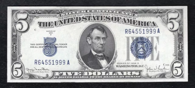 1934-D $5 Five Dollars Silver Certificate Currency Note Gem Uncirculated (B)