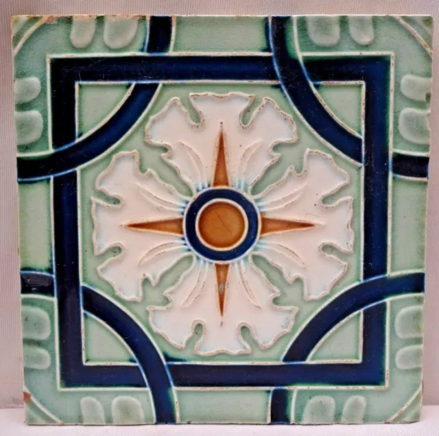 Majolica Tile Vintage Art Nouveau Ceramic Glazed Saji Japan Geometric Patter#467 2