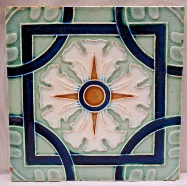 Majolica Tile Vintage Art Nouveau Ceramic Glazed Saji Japan Geometric Patter#467 2