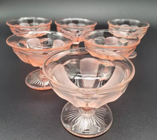 Vintage set 6 Peach/Pink Depression Glass Dessert compotes on pedestals 8cm tall