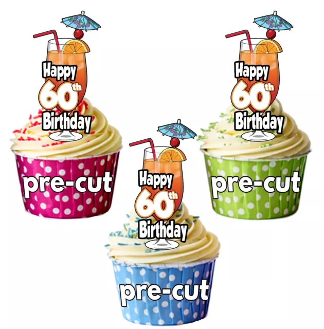 60th Birthday Cocktail Glass - Precut Edible Cupcake Toppers Cake Decorations