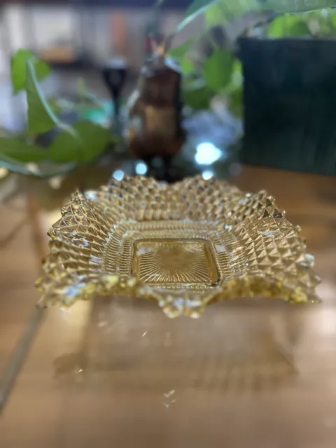 Vintage Federal Glass Ruffled Edge Square Candy Dish Diamond Cut 6" AMBER