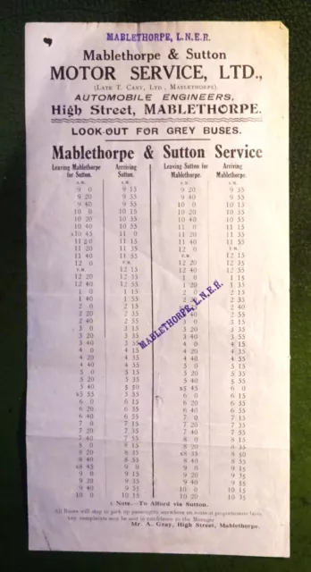 Mablethorpe & Sutton Motor Service Ltd Grey Cars Time Table c1940 LNER