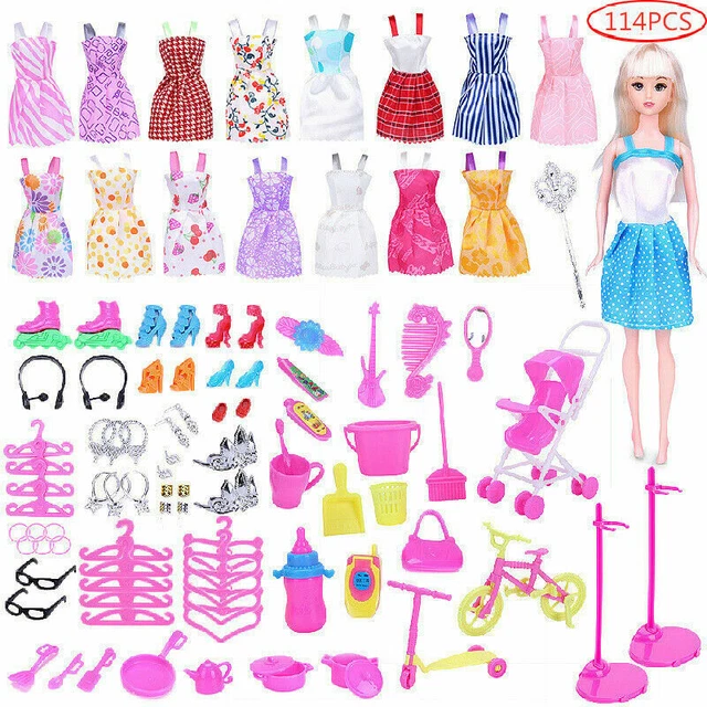 114pcs / Set Per Bambola Barbie Abiti Scarpe Gioielli Vestiti Accessori Regalo