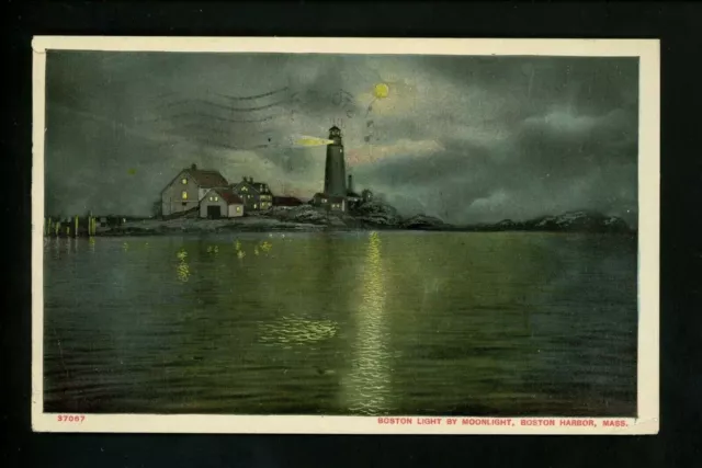 Massachusetts MA Vintage postcard Boston Harbor Light House at night