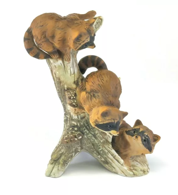 Vintage HOMCO Masterpiece Porcelain Raccoon Trio on Wood Log Hand Painted