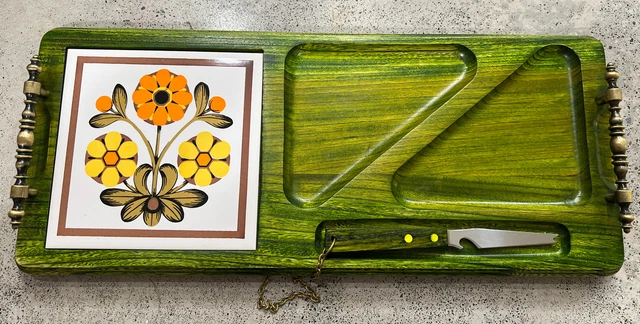 Vtg 1970s Wood Cheese Board Brass Handles Ceramic Tile Green With Knife Japan