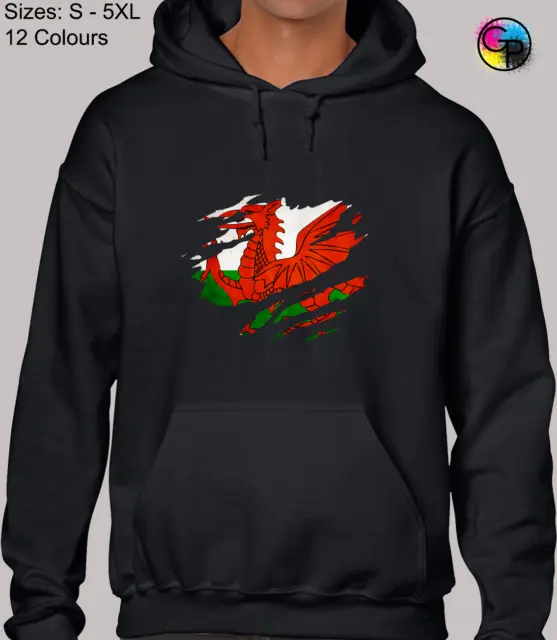 Welsh Flag Slash Novelty Wales Rugby Fan Unisex Hood Hoodie Top for Men & Women