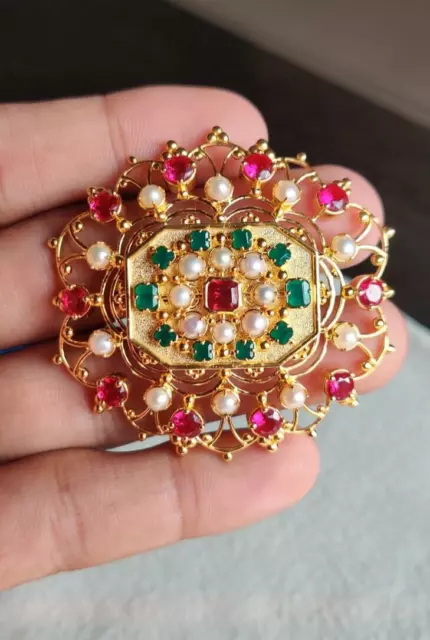 Victorian Anglo-Indian 18kt Gold Plated Gem-set Brooch, Emerald, Ruby and Pearl