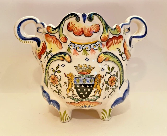 Cache pot faïence Rouen décor fait main, H - 18,3 cm - Vendu