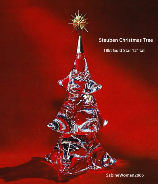 NEW in BOX STEUBEN glass CHRISTMAS TREE 18K GOLD STAR Ornamental  JAMES HOUSTON