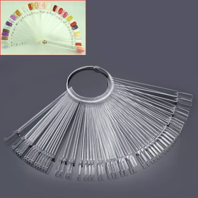 UK 50pcs DIY Nail Art Tips Colour Sticks Display Fan Practice Starter Ring Clear