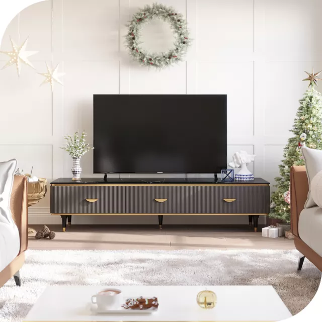 TV Stand Media Cabinets Low Marble Tabletop TV Console with 3 Drawers & Storage