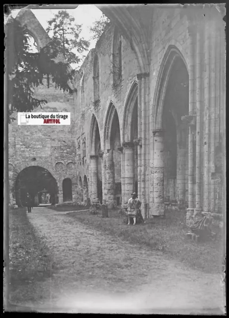 Abbaye de Jumièges, Plaque verre photo ancienne, négatif noir & blanc 6x9 cm