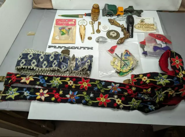 Vintage Used Assortment Of Odd Trinkets ,Toys ,Suspenders ,Belts,& Etc.