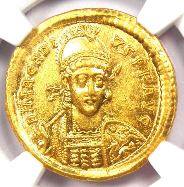 Arcadius AV Solidus Gold Roman Coin 383 AD. Certified NGC Choice AU + 5/5 Strike