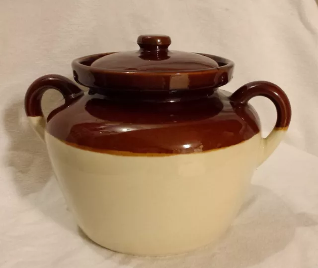 Vintage McCoy #1242 Large Brown/Tan Pottery Crock Bean Pot w/ Lid 6" tall