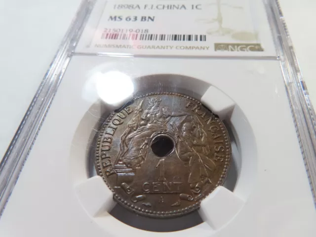 E27 French Indochina 1898-A 1 Cent NGC MS-63 Brown