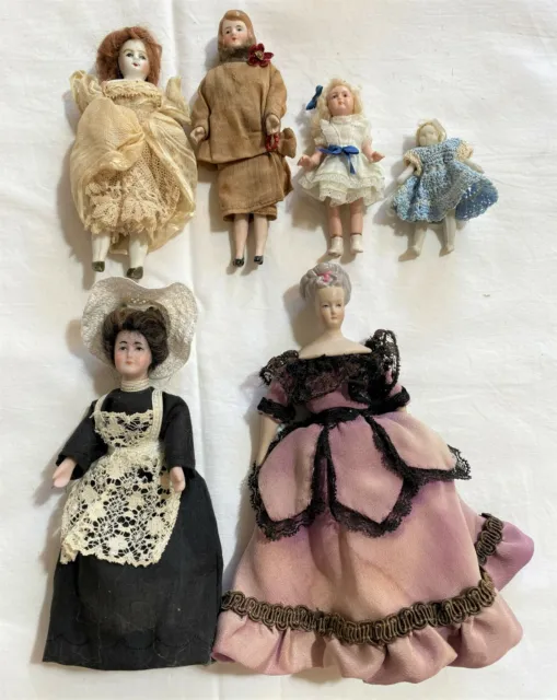 Bundle 6 Dolls Antique Vintage Dollhouse Wire Jointed Bisque Cloth Body 2.5-6.5"