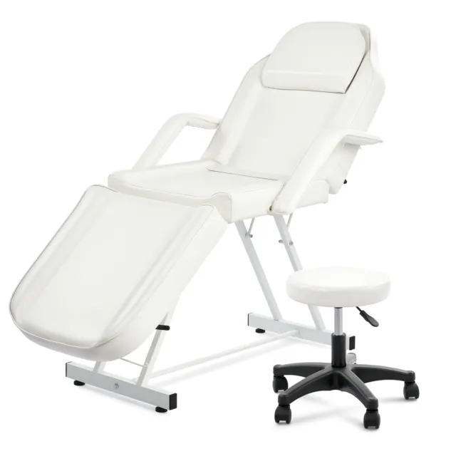 White Massage Chair Bed with Stool Adjustable Beauty Spa Table for Salon Parlour