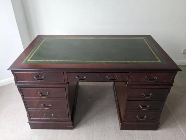 Antique / Vintage Solid Mahogany Pedestal Twin Desk with Green Leather Top