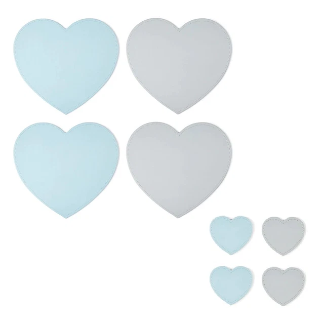 Juego de 8 piezas de manteles y montaña rusa gris y azul de cuero sintético reversible en forma de corazón