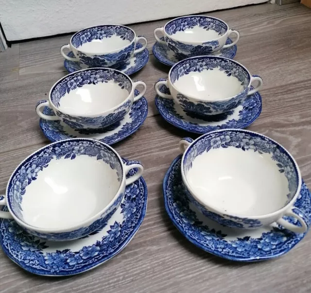 6 x Suppentassen mit Unterteller Enoch Wedgwood Woodland blau