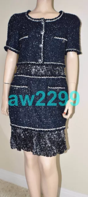 $4690 RUNWAY 12P NEW CHANEL Black White Fantasy Tweed with Smimmer SUIT  DRESS 38