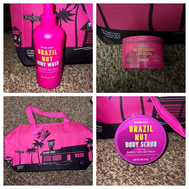 Trader Joe’s Brazil Nut Body Wash, Body Scrub, Candle, & Pink Insulated Bag