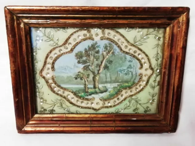 TABLEAU époque XIXe PAYSAGE AQUARELLE BRODÉ DE FIL D'OR ET SEQUINS  BAROQUE