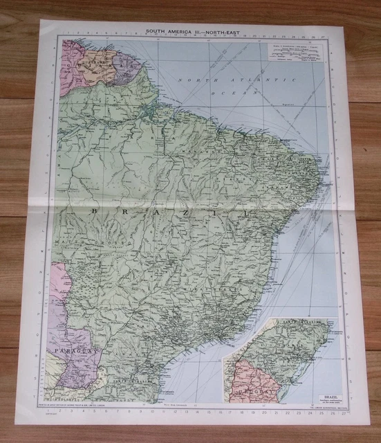 1940 Original Vintage Wwii Map Of Brazil / South America