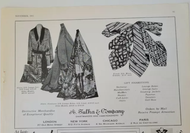 1931 A. Sulka & Company men's necktie neckwear lounge wear Vintage fashion ad