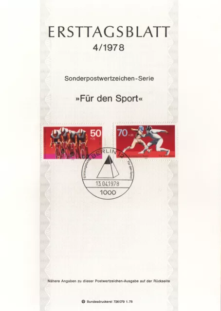 Ersttagsblatt   B  1978/04     "Für Den Sport"    Berlin