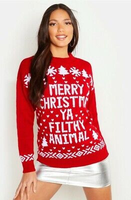 "MERRY CHRISTMAS YA FILTHY ANIMAL" Red Christmas Jumper, Size M/L, Womans New
