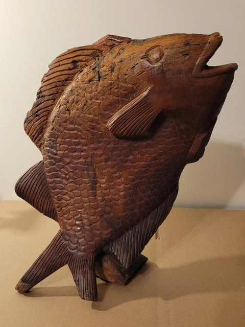 Large Vintage Post Modern Signed Hand Carved Wood Fish Sculpture Dated 1988