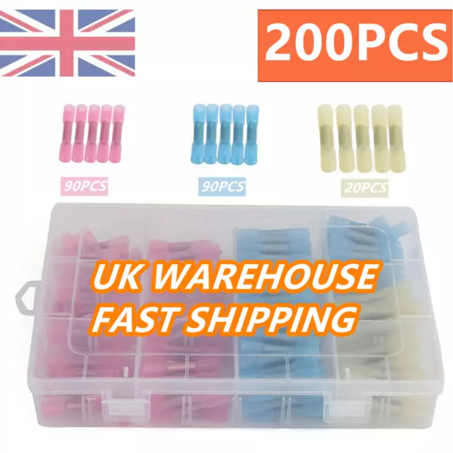 200PCS Kit Heat Shrink Wire Butt Crimp Connectors Waterproof Terminals 3 Sizes