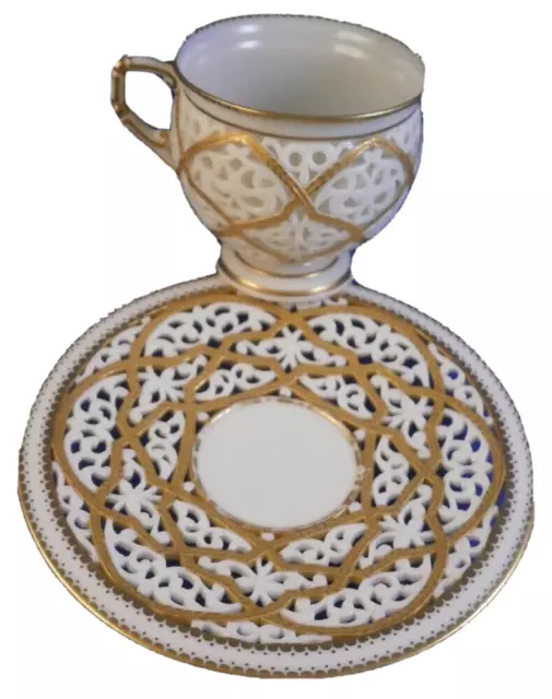 Antique 19thC Worcester Porcelain Reticulated Cup & Saucer Porzellan Tasse