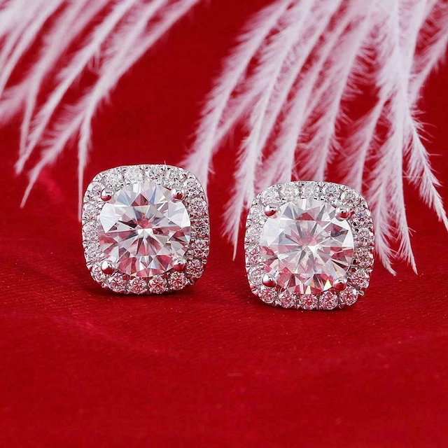 2.40Ct Round Cut Moissanite Push Back Halo Stud Earrings Solid 14K White Gold
