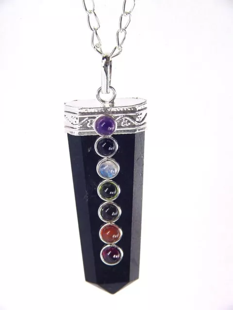 BUTW Black Tourmaline Crystal Point Shape Pendant  7 Accent Chakra Gems 1591K