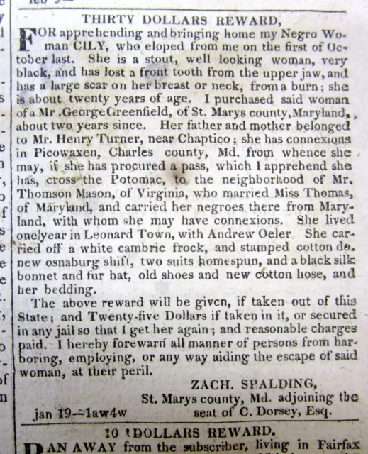 1821 Washington DC newspaper w 2 Female RUNAWAY SLAVE ADS fm MARYLAND & VIRGINIA