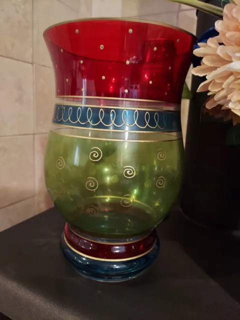 Pier 1 Vase Blue Gold Red Festive Flash And Hand Painted Good Condition