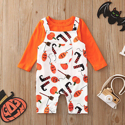 Toddler Girls Baby Boys Halloween Pumpkin T-Shirt Strap Jumpsuit Pants Outfits