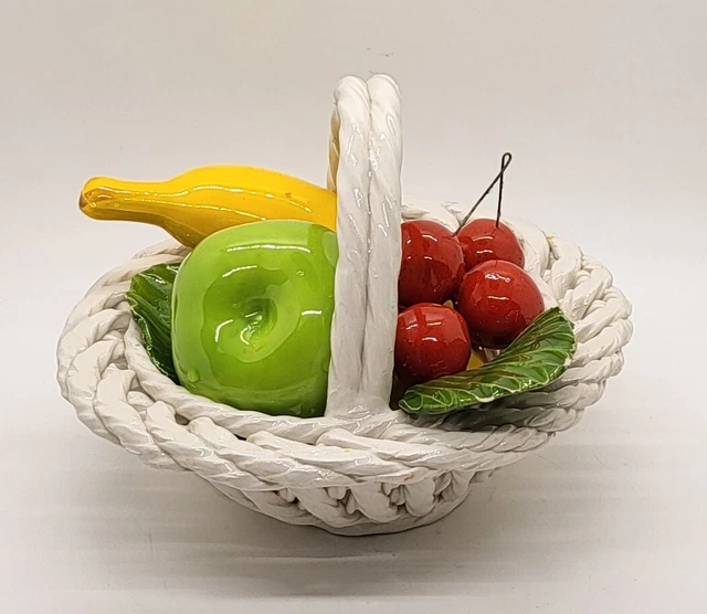 VINTAGE CAPODIMONTE CERAMIC Fruit Bowl Woven Lattice Basket Made in