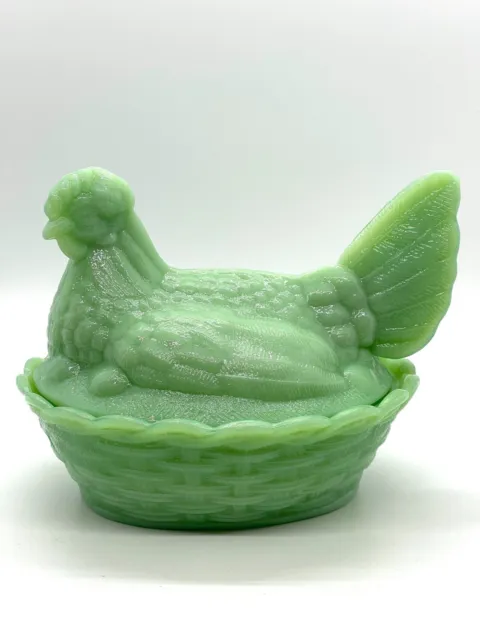 Vintage Style Jadeite Green Glass Hen On Nest Basket Covered Candy Dish