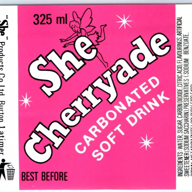 Vtg She Cherryade Soft Drink 325ml Soda Bottle Paper Label Ingredients Fairy C33