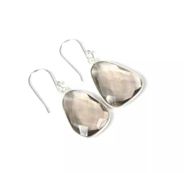 925 Solid Sterling Silver Faceted Smoky Quartz Hook Earring-1.5 Inch G150