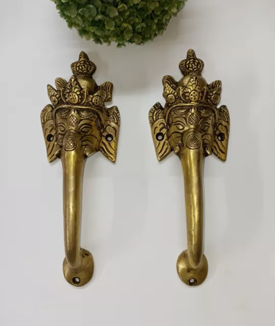 Bridle Elephant Shape Main Handle Set Brass Ganesha Face Door Pull Decor AJ154