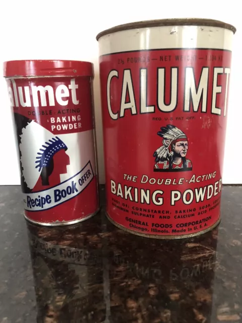 RARE 2.5 LB 6 x 4.25” Dia CALUMET DBL-ACTING BAKING POWDER TIN + a 1LB 5.25 x 3”