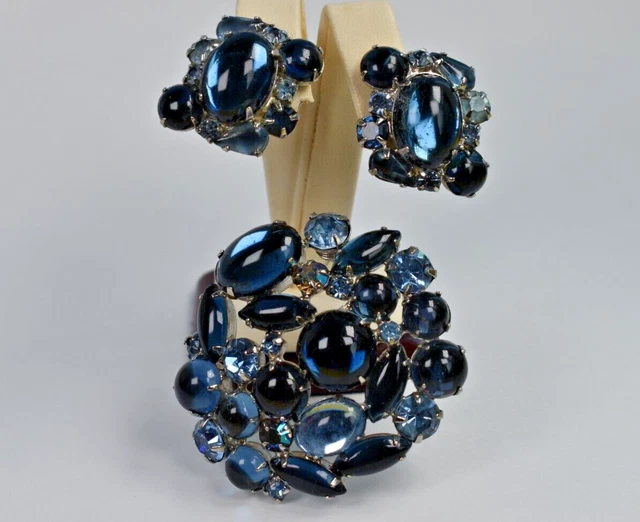 Signed Weiss Blue Two Tone Cabochon Prong Set Brooch Pin Clip On Earring Set