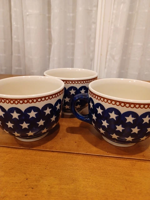3 pc Boleslawiec Polish Pottery Large Coffee Soup Mugs 20oz Red White Blue Stars